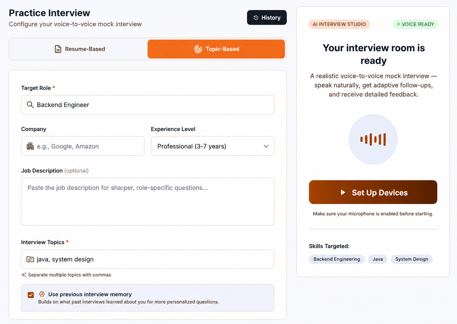 Mock interview role and topic configuration screen