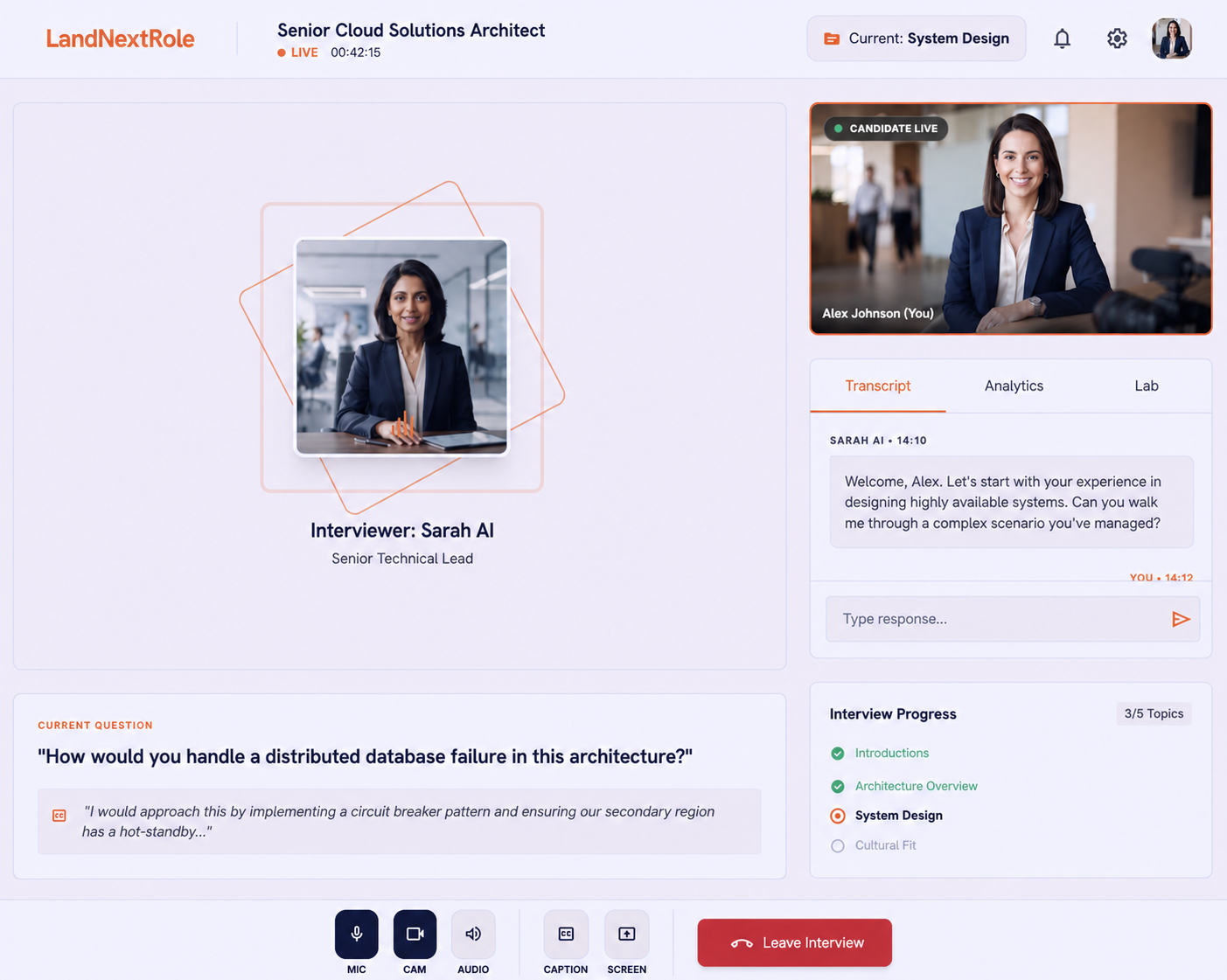 Landnextrole live mock interview studio showing Buddy, the AI interviewer, candidate video, transcript, current question, and interview progress